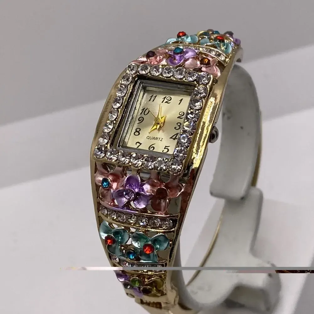 Womens Colorful Gem Flower Cuff Bangle Watch New Battery